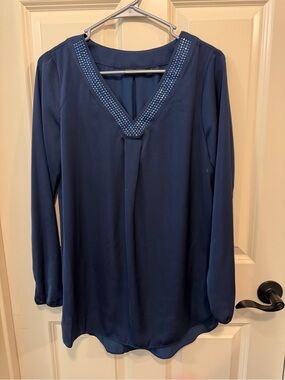 Navy satin V-Neck Long Sleeve Women's Top with rhinestone neckline